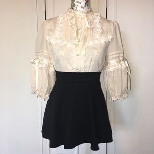 Elbow Sleeve Ruffle Trim Chiffon Blouse